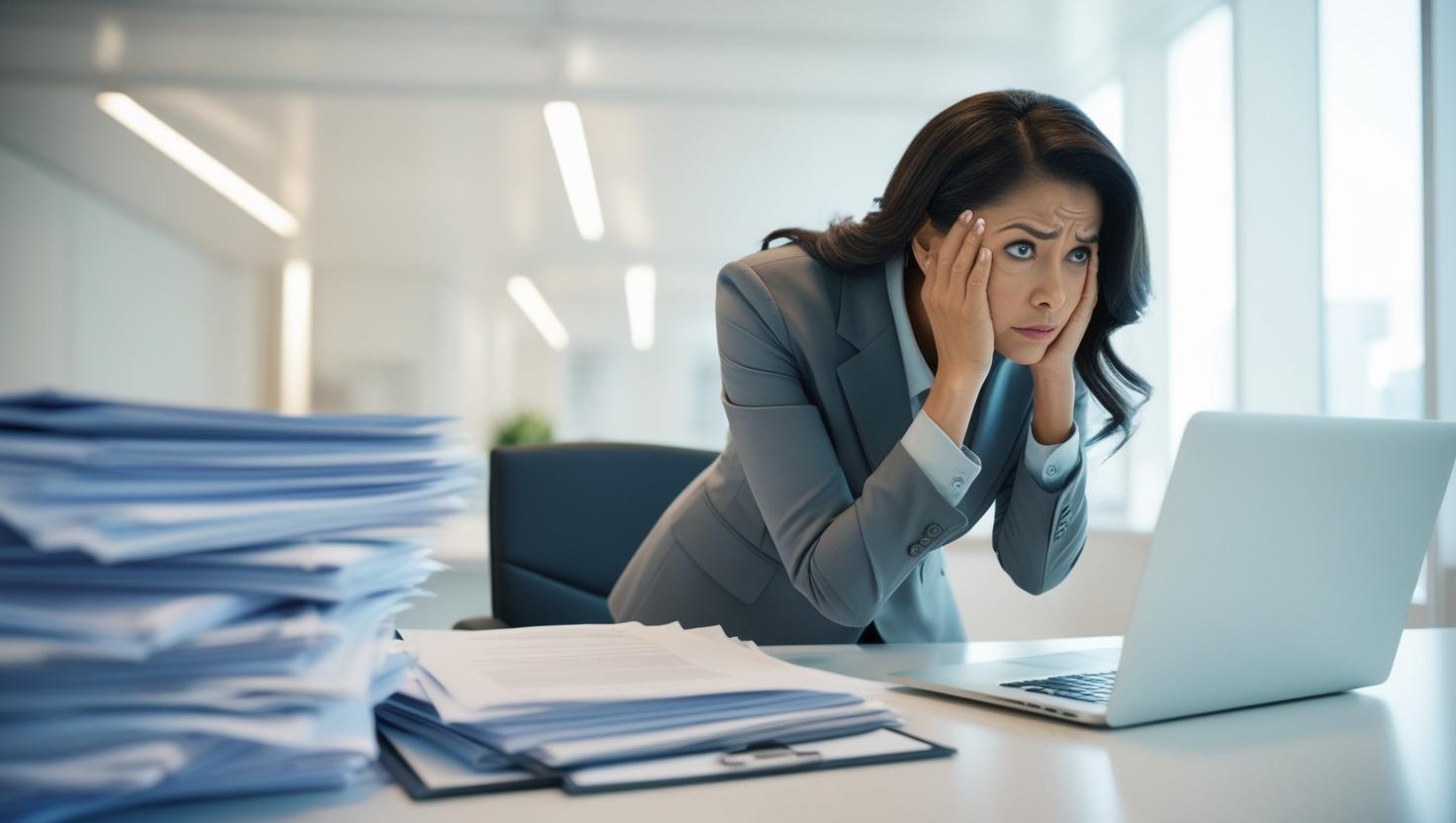 An upset women in the office suffering who suffers from self-doubt
